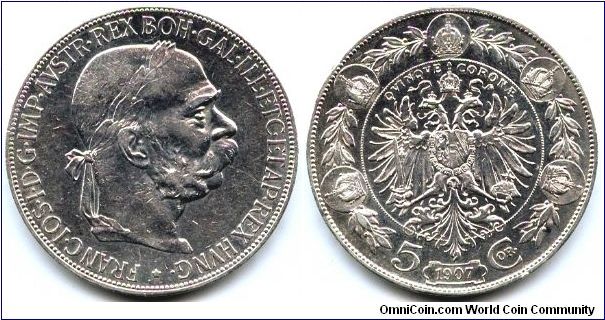 Austria, 5 corona 1907.
Emperor Franz Joseph I.