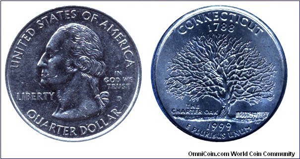 USA, 1/4 dollar, 1999, Cu-Ni, MM: D, Connecticut - 1788, The Charter Oak, Washington.                                                                                                                                                                                                                                                                                                                                                                                                                               