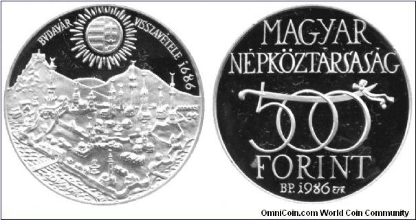 Hungary, 500 forint, 1986, Ag, 300th anniversary of the recapture of Buda Castle from the Turks in 1686.                                                                                                                                                                                                                                                                                                                                                                                                            
