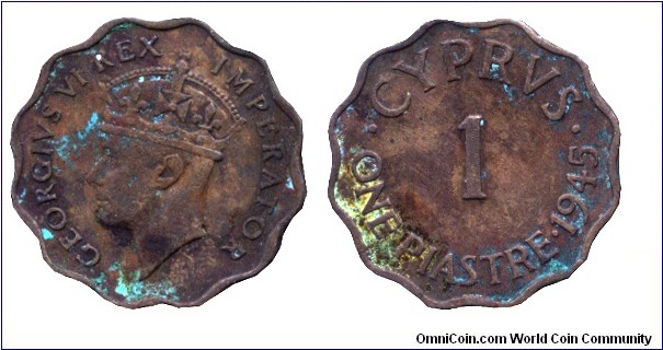 Cyprus, 1 piastre, 1945, Bronze, 5.22g, Georgius VI Rex Imerator.                                                                                                                                                                                                                                                                                                                                                                                                                                                          