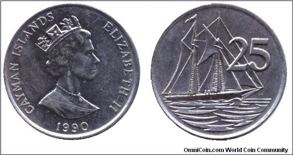 Cayman Islands, 25 cents, 1990, Cu-Ni, Elizabeth II.                                                                                                                                                                                                                                                                                                                                                                                                                                                                