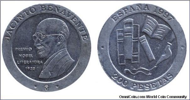 Spain, 200 pesetas, 1997, Cu-Ni, 25.5mm, 10.5g, MM: M, Jacinto Benavente, Premio Nobel Literatura 1922.                                                                                                                                                                                                                                                                                                                                                                                                             