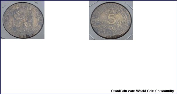 Mintage only 108.000 pieces. It is a RARE coin from the City of GHENT during the 1st World War !! Krause 5 Francs 1915 KM Tn6
