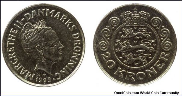 Denmark, 20 kroner, 1999, Al-Bronze, Queen Margrethe II.                                                                                                                                                                                                                                                                                                                                                                                                                                                            