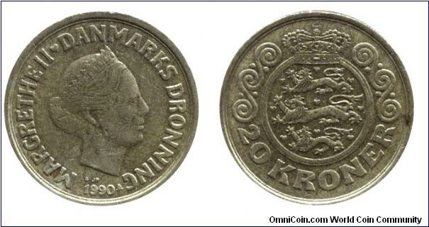 Denmark, 20 kroner, 1990, Al-Bronze, Queen Margrethe II.                                                                                                                                                                                                                                                                                                                                                                                                                                                            