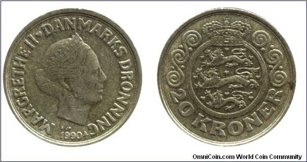 Denmark, 20 kroner, 1990, Al-Bronze, Queen Margrethe II.                                                                                                                                                                                                                                                                                                                                                                                                                                                            