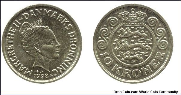 Denmark, 10 kroner, 1998, Al-Bronze, Queen Margrethe II.                                                                                                                                                                                                                                                                                                                                                                                                                                                            