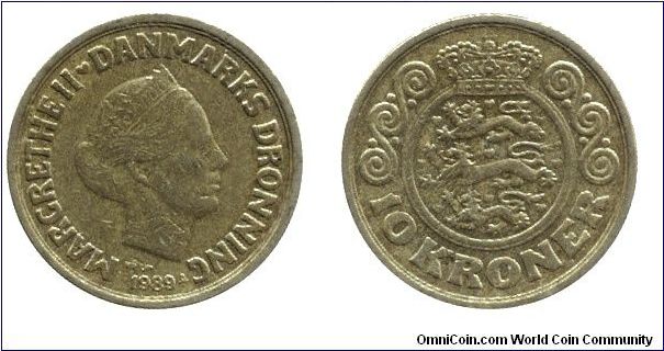 Denmark, 10 kroner, 1989, Al-Bronze, Queen Margrethe II.                                                                                                                                                                                                                                                                                                                                                                                                                                                            