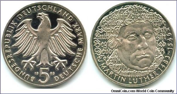 Germany, 5 mark 1983. 
500th Anniversary - Birth of Martin Luther.
