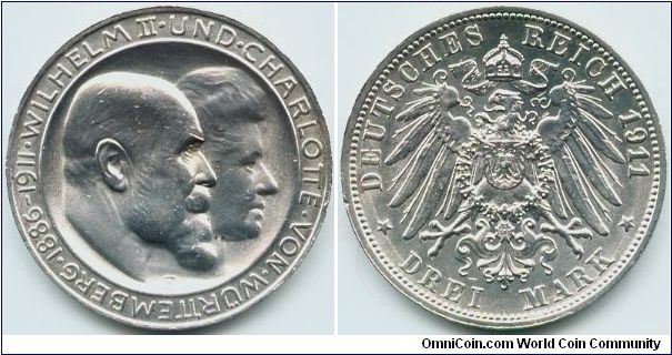 Wurttemberg, 3 mark 1911. 
King Wilhelm II and Queen Charlotte - Silver Wedding Anniversary.