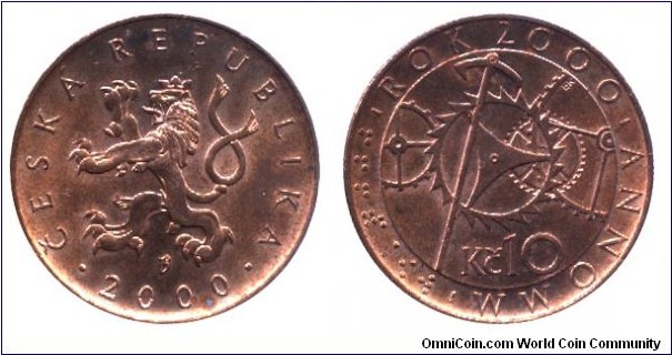 Czech Republic, 10 korun, 2000, 24.5mm, 7.62g, The Year 2000.                                                                                                                                                                                                                                                                                                                                                                                                                                                                      