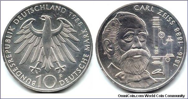 Germany, 10 mark 1988. 100th Anniversary - Death of Carl Zeiss.