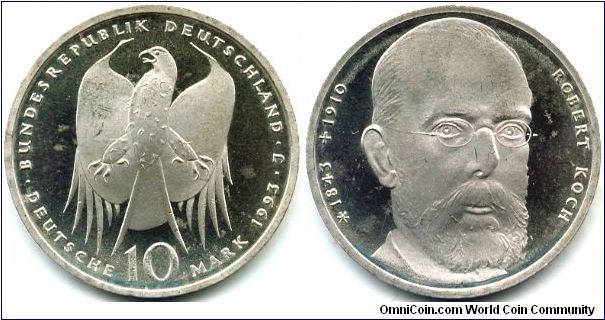 Germany, 10 mark 1993. 150th Anniversary - Birth of Robert Koch.