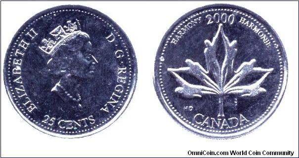 Canada, 25 cents, 2000, Ni, Harmony - 2000, Elizabeth II. The Mints Harmony 25-cent coin was designed by Turkish-born Toronto artist Haver Demirer. The design depicts Canada as a tapestry of cultures and beliefs joined together to carry the nation forward. The illustration makes the symbol of Canada, the maple leaf, into a symbol of how people can live together in peace and unity.                                                                                                                     