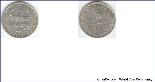 1922 Germany 3 Mark from Weinmar Republic(Aluminum)