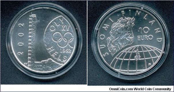 10 euro commemorating the 50th anniversary of the Helsinki Summer Olympics. Obverse design by Hannu Veijalaisen, reverse by Erkki Vainio.