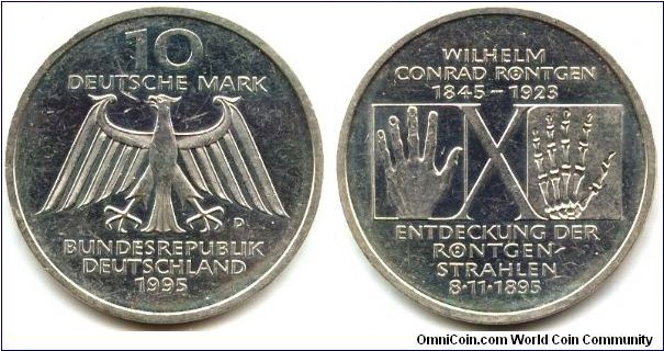 Germany, 10 mark 1995. 
150th Anniversary - Birth of Wilhelm Conrad Rontgen.