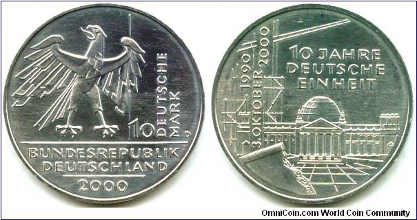 Germany, 10 mark 2000. 
10th Anniversary of Reunification.