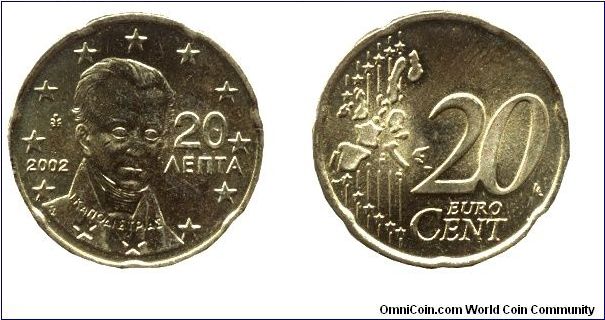 Greece, 20 euro cents, 2002, Cu-Al-Zn-Sn, I. Kapodistrias, First President of Greece.                                                                                                                                                                                                                                                                                                                                                                                                                               