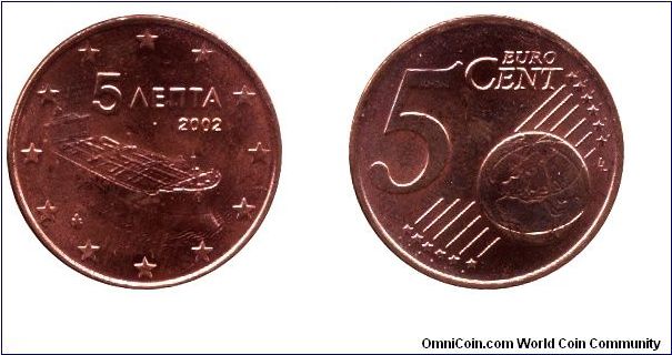 Greece, 5 euro cents, 2002, Cu-Steel, Modern tanker.                                                                                                                                                                                                                                                                                                                                                                                                                                                                