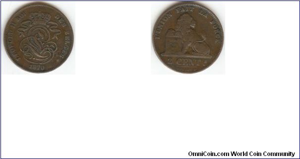 1870 Belgium 2 Cents