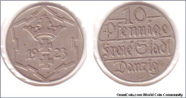 10 pfennige. Free city of Danzig.