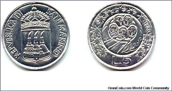 San Marino, 5 lire 1973.
