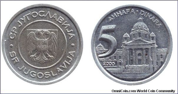 SR Yugoslavia, 5 dinars, 2000.                                                                                                                                                                                                                                                                                                                                                                                                                                                                                      
