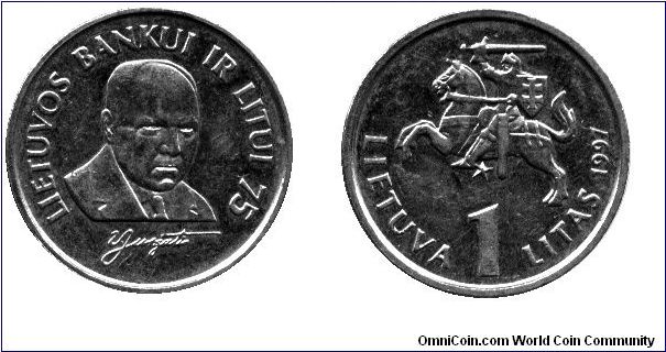 Lithuania, 1 litas, 1997, Lietuvos Bankui Ir Litui 75.                                                                                                                                                                                                                                                                                                                                                                                                                                                              