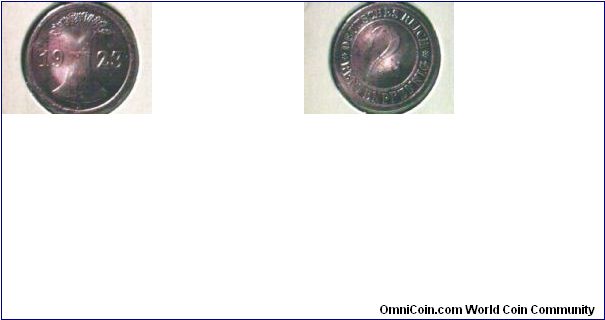 GERMANY 1923 Weimer 2rentenpfennig bronze