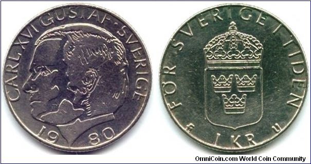 Sweden, 1 krona 1980.
King Carl XVI Gustaf.