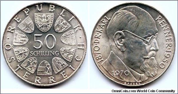 Austria, 50 schilling 1970. 100th Anniversary - Birth of Dr. Karl Renner.