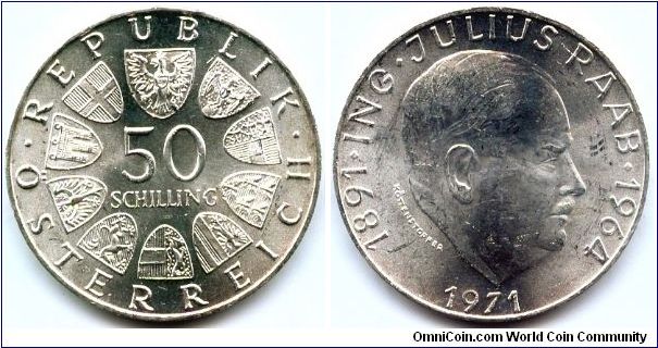 Austria, 50 schilling 1971. 80th Anniversary - Birth of Julius Raab.