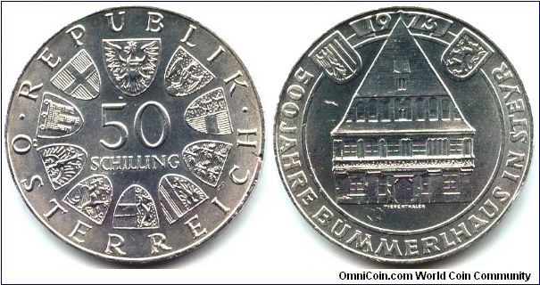 Austria, 50 schilling 1973. 500th Anniversary - Bummerl House.