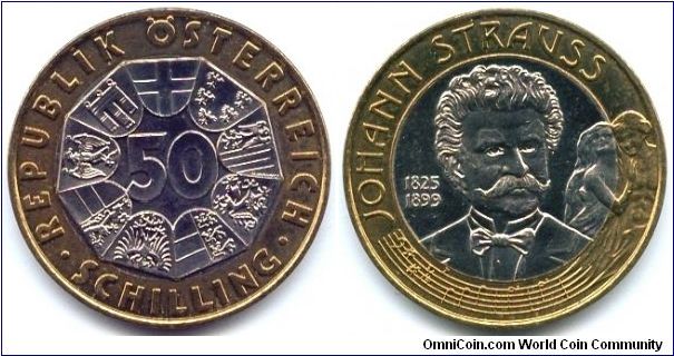 Austria, 50 schilling 1999. 100th Anniversary - Death of Johann Strauss.