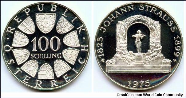 Austria, 100 schilling 1975.
150th Anniversary - Birth of Johann Strauss.