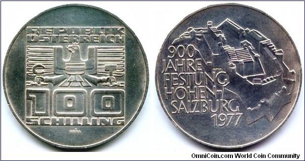 Austria, 100 schilling 1977. 900th Anniversary - Hohensalzburg Fortress.