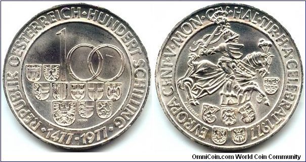 Austria, 100 schilling 1977. 500th Anniversary - Hall Mint.