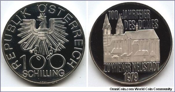 Austria, 100 schilling 1979. 700th Anniversary - Cathedral of Wiener Neustadt.