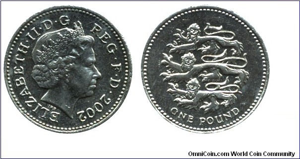 United Kingdom, 1 pound, 2002, Ni-Brass, 22.5mm, 9.5g, Queen Elizabeth II.                                                                                                                                                                                                                                                                                                                                                                                                                                                                        