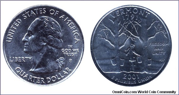 USA, 1/4 dollar, 2001, Vermont - 1791, Freedom and Unity, Washington, MM: P.                                                                                                                                                                                                                                                                                                                                                                                                                                        