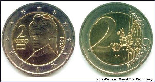 Austria, 2 euro 2002.
Bertha von Suttner.