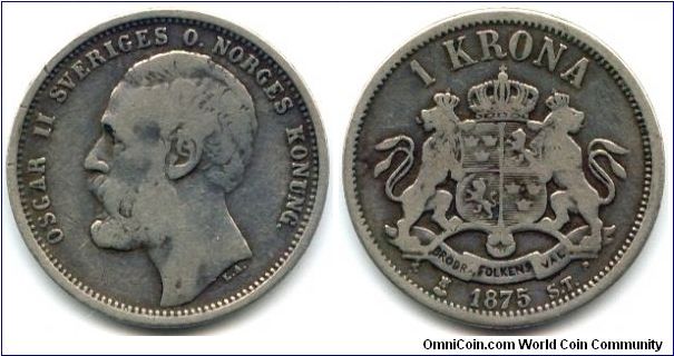 Sweden, 1 krona 1875.
King Oscar II.