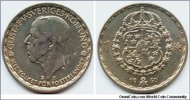 Sweden, 1 krona 1950.
King Gustaf V.