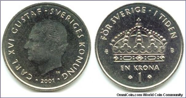 Sweden, 1 krona 2001.
King Carl XVI Gustaf.