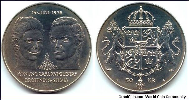 Sweden, 50 kronor 1976.
Wedding of King Carl XVI Gustaf and Queen Silvia.