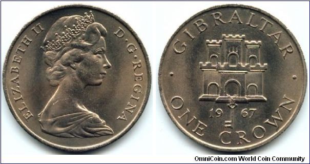 Gibraltar, 1 crown 1967.
Queen Elizabeth II.