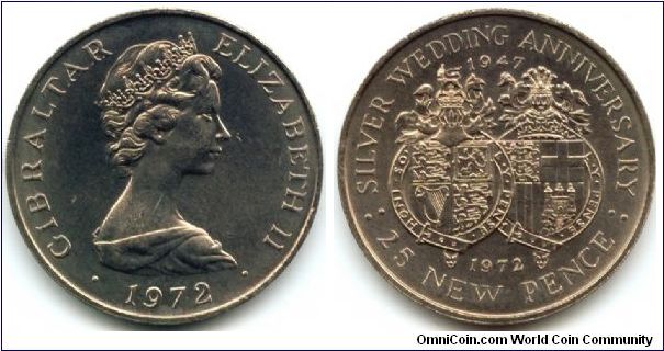 Gibraltar, 25 new pence 1972.
25th Anniversary - Wedding of Queen Elizabeth II and Prince Philip.