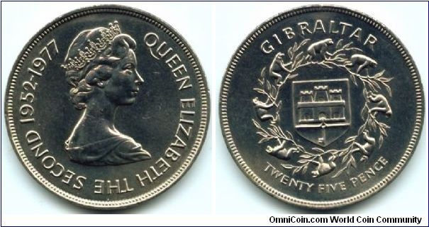 Gibraltar, 25 pence 1977.
Queen's Elizabeth II Silver Jubilee.