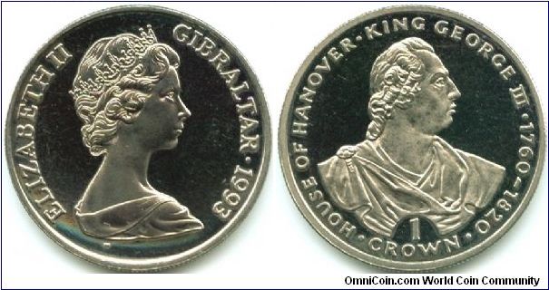 Gibraltar, 1 crown 1993.
King George III 1760-1820.
40th Anniversary of the Coronation of Queen Elizabeth II.